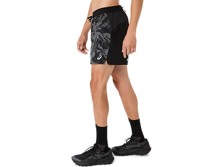 Asics Mens Fujitrail All Over Print Shorts | Black/Carbon Cream - Image 3