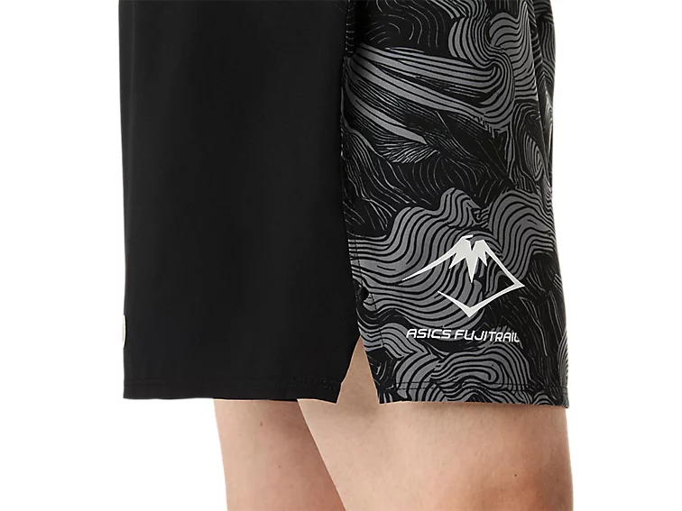 Asics Mens Fujitrail All Over Print Shorts | Black/Carbon Cream - Image 5